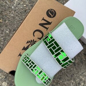 Green Slide Sandals with Rhinestone Accents
